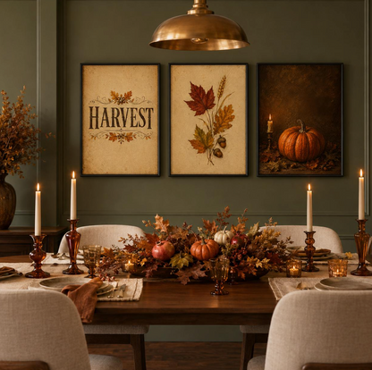Three framed autumn-themed wall art prints hang above a dark wood dining table set with candles, fall leaves, pumpkins, and a bronze pendant light in a styled dining room.