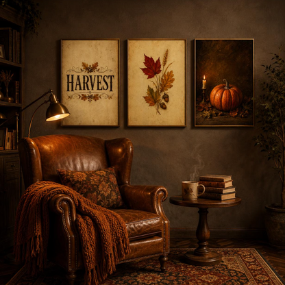 A cozy autumn-themed living room scene featuring three framed wall art prints above a brown leather armchair. The prints depict 'Harvest' text with leaves, colorful fall leaves, and a pumpkin with a candle.