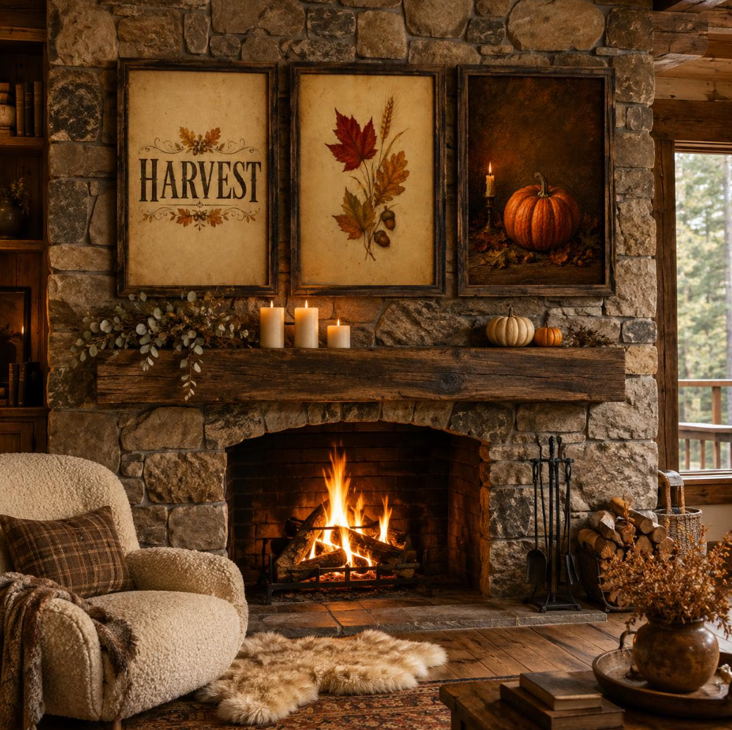 A cozy autumn living room scene with a stone fireplace, three framed fall-themed wall art prints reading 'Harvest' and leaves/pumpkin, candles on the mantel, a cream armchair, and a warm fire burning in the hearth.