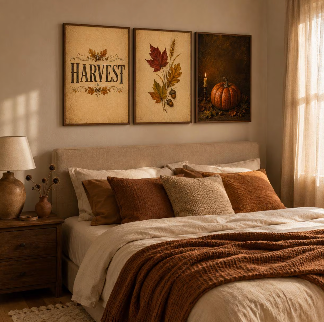Three framed autumn-themed wall art prints hang above a bed in a warm, neutral-toned bedroom. The left print says HARVEST in decorative lettering, the center shows pressed fall leaves, and the right depicts a pumpkin with a candle.
