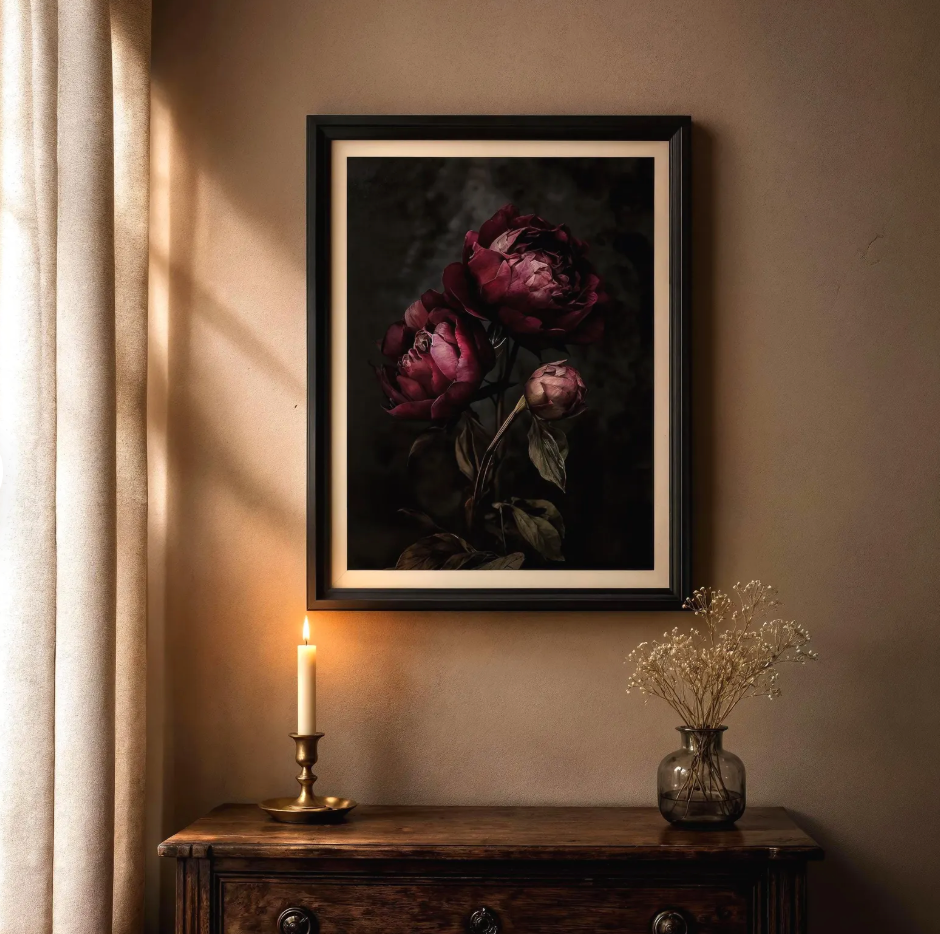 Dark Floral Peony Print — Moody Burgundy Botanical Wall Art