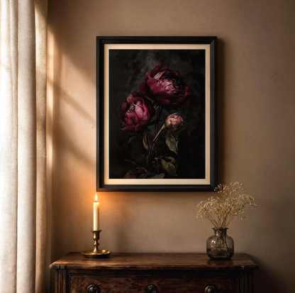 Dark Floral Peony Print — Moody Burgundy Botanical Wall Art