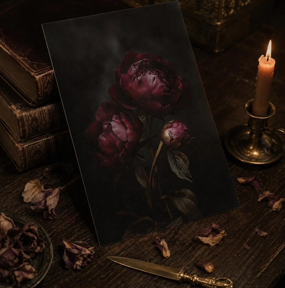 Dark Floral Peony Print — Moody Burgundy Botanical Wall Art