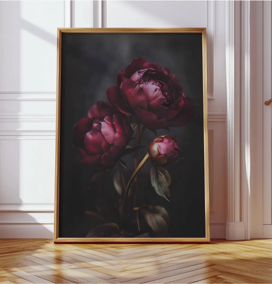 Dark Floral Peony Print — Moody Burgundy Botanical Wall Art