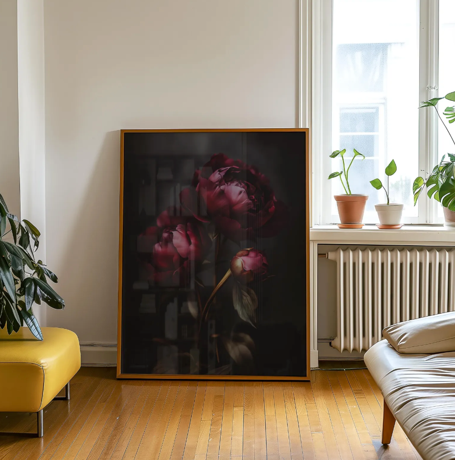 Dark Floral Peony Print — Moody Burgundy Botanical Wall Art