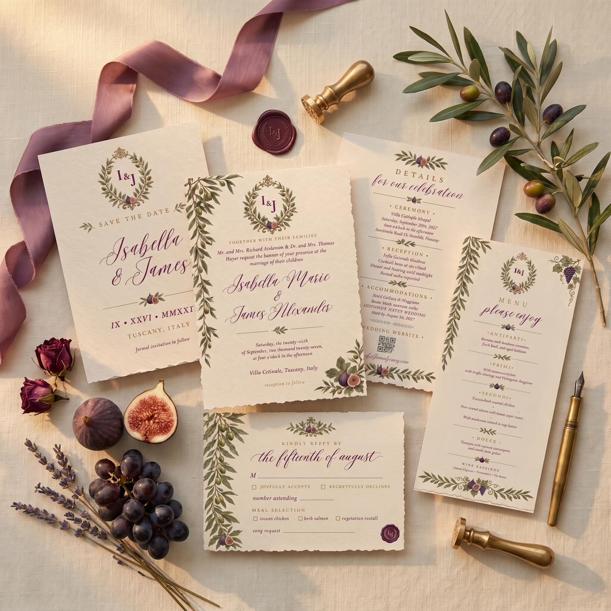 The Sovicille Suite — Plum & Olive Tuscan Vineyard Wedding Invitation Set | Editable Canva, 5 Pieces