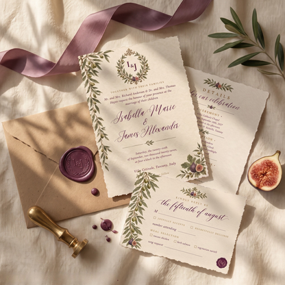 The Sovicille Suite — Plum & Olive Tuscan Vineyard Wedding Invitation Set | Editable Canva, 5 Pieces