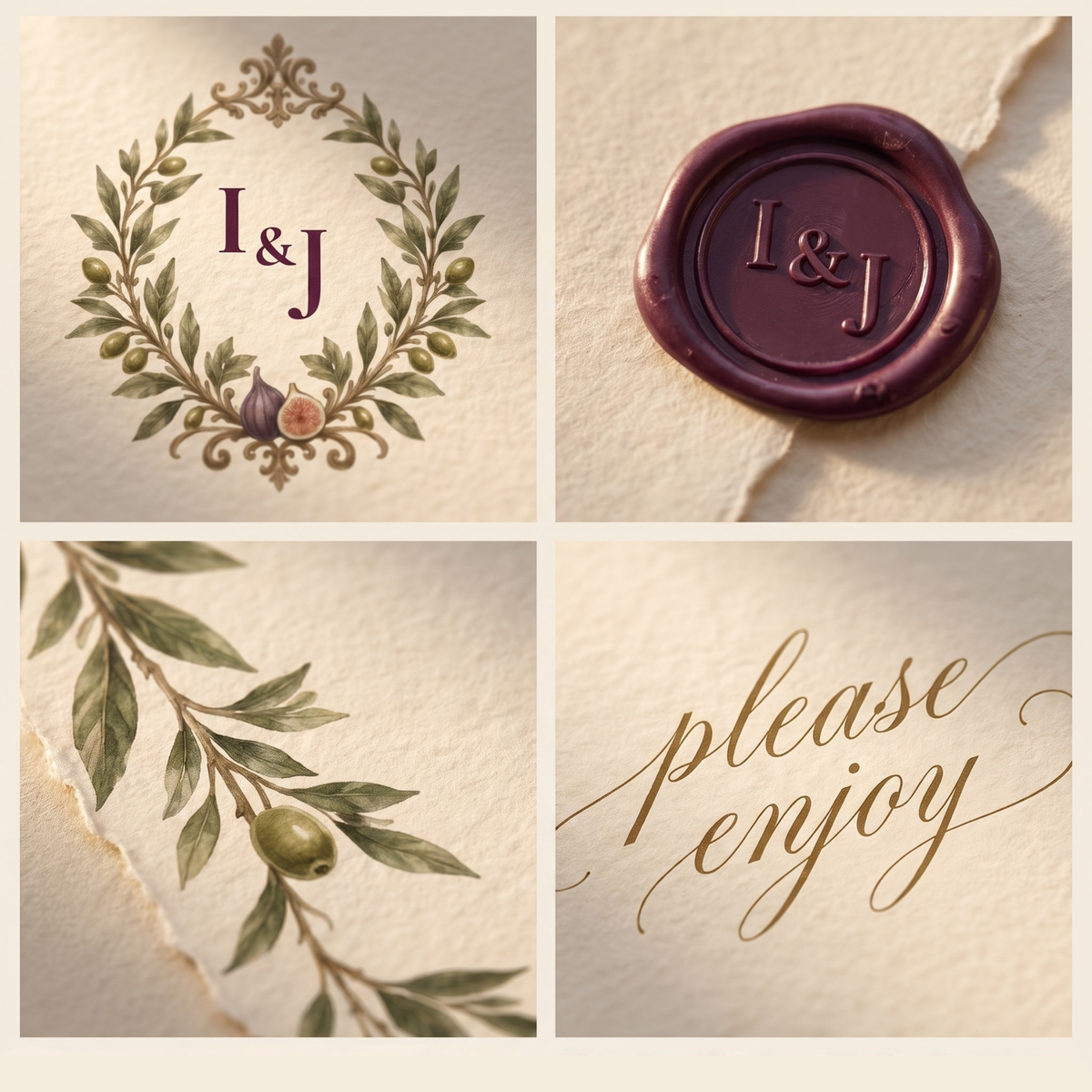 The Sovicille Suite — Plum & Olive Tuscan Vineyard Wedding Invitation Set | Editable Canva, 5 Pieces