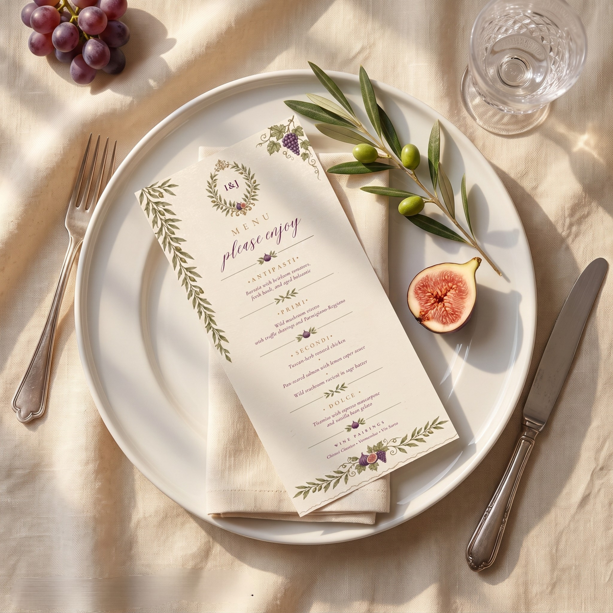 The Sovicille Suite — Plum & Olive Tuscan Vineyard Wedding Invitation Set | Editable Canva, 5 Pieces