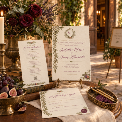 The Sovicille Suite — Plum & Olive Tuscan Vineyard Wedding Invitation Set | Editable Canva, 5 Pieces