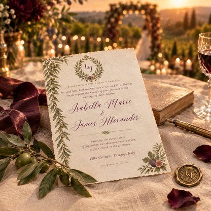 The Sovicille Suite — Plum & Olive Tuscan Vineyard Wedding Invitation Set | Editable Canva, 5 Pieces